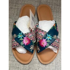 JOHNNY WAS Sonoma Cross Leather Sandals Slides Size 9 Teal Floral NEW Boho Chic